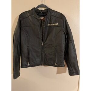 Harley Davidson Womens Leather Jacket Black Zip Up Motorcycle Riding Biker siz M